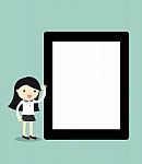 Business Concept, Cartoon Businesswoman Holding Tablet With Blank Screen.  Illustration Stock Photo