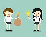 Business Concept, Two Business Women Give Idea And Money For Exchange Stock Photo