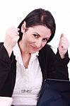 Business Lady Happy In Front Of Pc Stock Photo