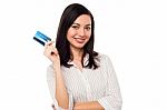 Business Lady Showing Credit Card To Camera Stock Photo