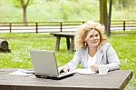 Business Lady Using Laptop In Park Stock Photo