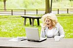 Business Lady Using Laptop In Park Stock Photo