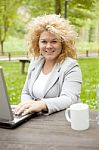 Business Lady Using Laptop In Park Stock Photo