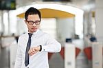 Business Man Looking At Watch At Business Center Stock Photo