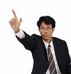 Business Man Pointing Focus At Finger On White Background Stock Photo