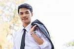 Business Man Standing On The Balcony Stock Photo