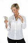 Business Woman Hiding Money In The White Shirt Stock Photo