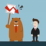 Businessman And Cute Big Brown Bear In Stock Market Going Down Stock Photo