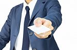 Businessman Hold Business Card Or White Card In 45 Degree View Stock Photo