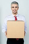 Businessman Holding Packed Carton Stock Photo