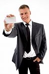 Businessman Showing Business Card Stock Photo