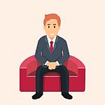 Businessman Sitting On Sofa Waiting- Flat Design Stock Photo