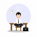 Businessman Thinking During Meditation, Cartoon Flat Background Stock Photo