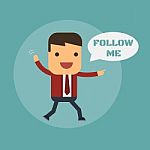 Businessman With Chat Box "follow Me",  Cartoon Concept Ab Stock Photo