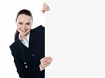 Businesswoman Holding Banner Stock Photo