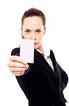 Businesswoman Holding Card Stock Photo