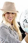 Businesswoman Holding Disco Ball Stock Photo