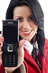 Businesswoman Showing Cell Phone Stock Photo