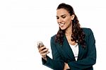 Businesswoman Using Smart Phone On White Stock Photo