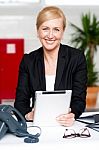 Businesswoman With Tablet Pc At Her Desk Stock Photo