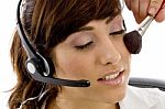 Call Center Lady Applying Make Up Stock Photo