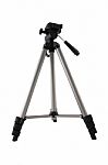 Camera Tripod Of Photographer On White Background Stock Photo