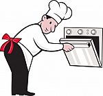 Cartoon Chef Baker Cook Opening Oven Stock Photo