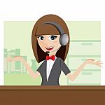 Cartoon Cute Call Center Using Headphone Stock Photo