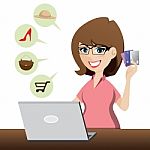 Cartoon Cute Girl Shopping Online With Credit Cards Stock Photo