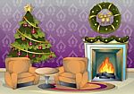 Cartoon  Illustration Interior Christmas Room With Separated Layers Stock Photo