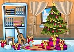 Cartoon  Illustration Interior Christmas Room With Separated Layers Stock Photo