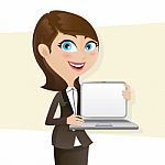 Cartoon Smart Girl Showing Laptop Blank Screen Stock Photo