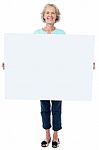 Casual Old Lady Holding A Blank Billboard Stock Photo