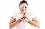 Caucasian Lady Holding An Apple Stock Photo