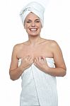 Caucasian Woman Wrapped In A Towel Stock Photo