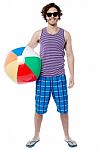 Cheerful Guy Ready To Play Beach Ball Stock Photo