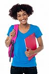 Cheerful Student Is All Set To Attend Her Classes Stock Photo