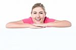 Cheerful Teen Behind Blank Whiteboard Stock Photo