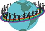 Children On Rainbow Around The Earth Stock Photo