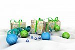 Christmas Gift Box With Shiny Balls Stock Photo