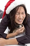 Christmas Lady Lying With Puppy Stock Photo