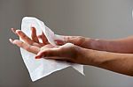 Cleaning Hands With Wet Wipes Stock Photo