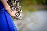 Close Up Beautiful Woman Wear Blue Evening Dress Sound Saxophone Stock Photo