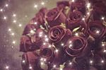 Close Up Bouquet Rose Flower With Star Glitter And Water Spray O Stock Photo