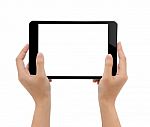 Close-up Hand Holding Tablet, Mock-up Black Digital Tablet Isola Stock Photo