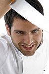 Close Up Of Male Chef Holding Knife Stock Photo