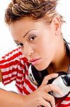 Close Up Of Pretty Woman With Headphones Stock Photo