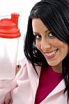 Close Up Of Smiling Woman Showing Water Bottle Stock Photo