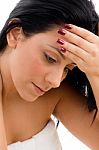 Close Up Of Woman In Towel On An Isolated White Background Stock Photo