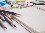 Close Up Office Supplies On Vintage Style Background Stock Photo